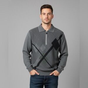 Vintage 90s Wool Suede Argyle‎ Sweater 1/4 Zip Collar Gray Black Retro Classic